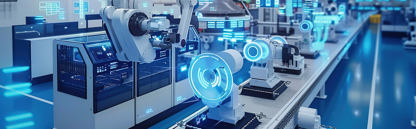Bild einer Smart Factory zeigt IIoT-Maschinen, effiziente Arbeitsplätze und automatisierte Produktionslinien