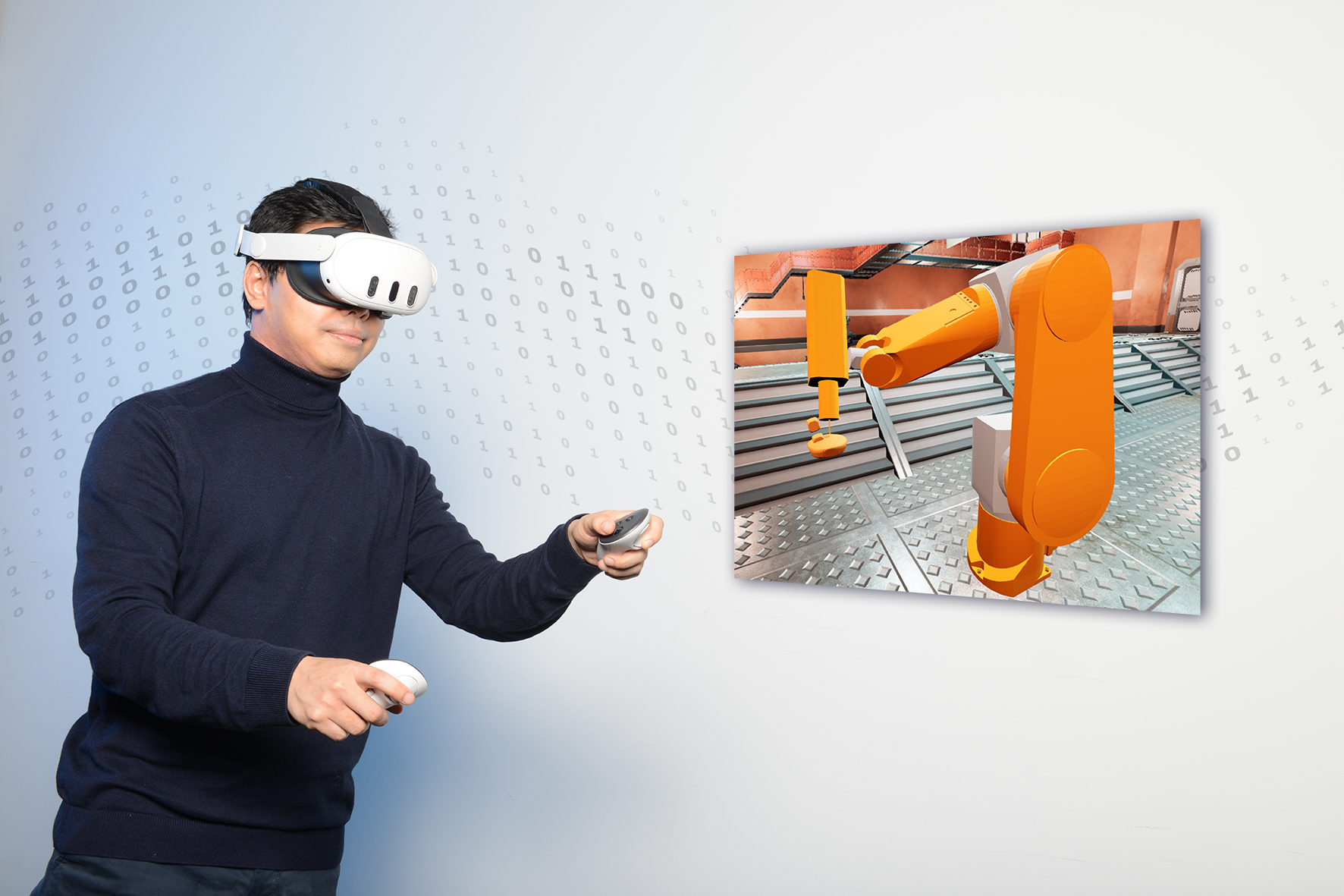 Mann mit VR-Brille und Bild von Roboterarm